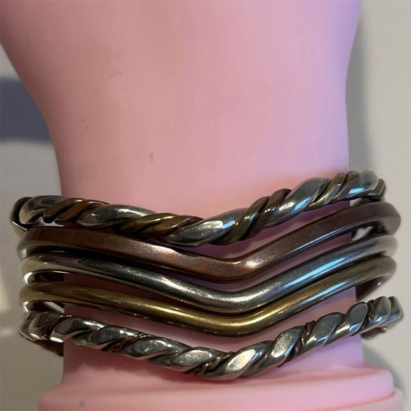 Navajo Tri-Tone Twisted Curved Bangle Bracelet Set Copper Brass Silver VTG 5pc‎ - Picture 1 of 15
